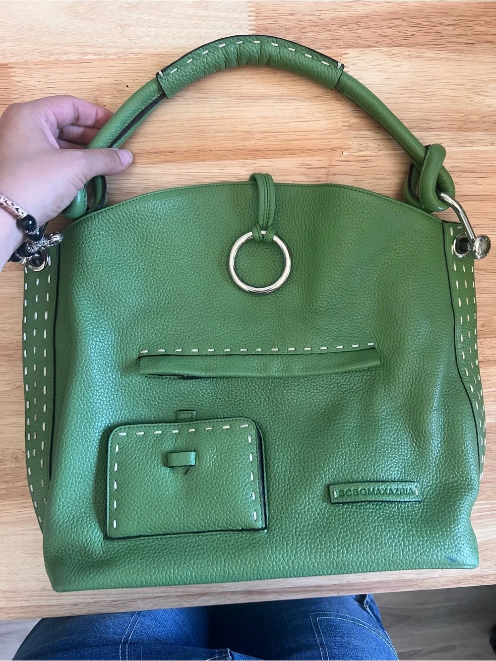 BCBGMaxAzria Green Pebbled Leather Shoulder Bag with Silver Ring